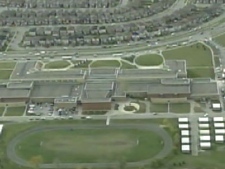 An aerial view of the Notre Dame high school under lockdown in Ajax.