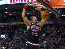 Chicago Bulls centre Joakim Noah slams home a dunk against the Toronto Raptors during first half NBA action in Toronto on Wednesday December 15, 2010. (THE CANADIAN PRESS/Frank Gunn)