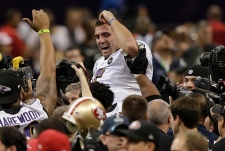 Joe Flacco celebrates after winning Super Bowl 