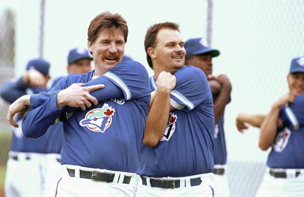 Blue night for jays: Starter Jack Morris, centre, and the rest of