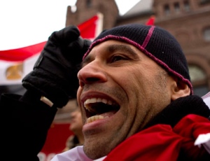 A protester chants a slogan during a demonstration against the regime of Egyptian President Hosni Mubarak in Toronto on Saturday February 5, 2011. THE CANADIAN PRESS/Chris Young