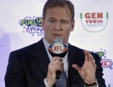 NFL Commissioner Roger Goodell answers a question about falling ice at Cowboys Stadium while taking part in a news conference to launch the Gen YOUth Foundation at the NFL football Super Bowl XLV Media Center in Dallas, Friday, Feb. 4, 2011. (AP Photo/David J. Phillip) 