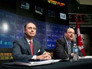 Xavier Rolet (left), CEO of the London Stock Exchange, and Thomas Kloet, CEO of TMX Group, hold a press conference in Toronto on Wednesday, February 9, 2011 to announce the proposed merger of the London Stock Exchange and the TMX Group. (THE CANADIAN PRESS/Chris Young)