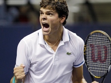 Milos Raonic, of Canada, reacts after winning the first set against Fernando Verdasco, of Spain, in the finals of the SAP Open tennis tournament in San Jose, Calif., Sunday, Feb. 13, 2011. (AP Photo/Paul Sakuma)