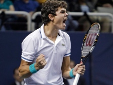 Milos Raonic, of Canada, celebrates after he defeated Fernando Verdasco, of Spain, 7-6 (6), 7-6 (5) in the final of the SAP Open tennis tournament in San Jose, Calif., Sunday, Feb. 13, 2011. (AP Photo/Paul Sakuma)