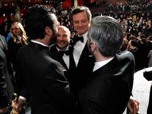 From left, Emile Sherman, Gareth Unwin,Colin Firth, and Iain Canning celebrate after winning the award for best picture for "The King's Speech" at the 83rd Academy Awards on Sunday, Feb. 27, 2011, in the Hollywood section of Los Angeles. (AP Photo/Chris Carlson)