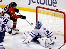 Florida Panthers forward Mike Santorelli scores against Toronto Maple Leafs goalie Jean-Sebastien Giguere during an NHL game in Sunrise, Fla., on Thursday, March 17, 2011. (AP Photo)