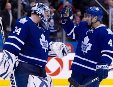 Toronto Maple Leafs' Nazem Kadri, right, and goaltender James Reimer celebrate a 5-2 victory over the Boston Bruins during NHL hockey action in Toronto Saturday, March 19, 2011. THE CANADIAN PRESS/Darren Calabrese