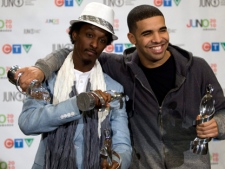 K'Naan, left, and Drake at the Juno Awards on Sunday, April 18, 2010 in St. John's N.L. (THE CANADIAN PRESS/Ryan Remiorz)