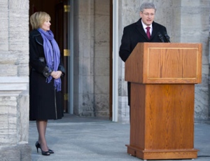 Prime Minister Stephen Harper launches his election campaign after meeting with Governor General David Johnston, as his wife Laureen looks on, at Rideau Hall in Ottawa, Saturday March 26, 2011. THE CANADIAN PRESS/Sean Kilpatrick