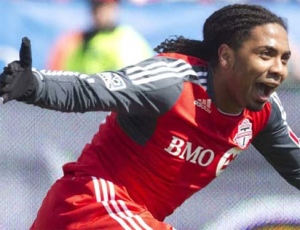 Toronto FC 's Javier Martina celebrates scoring his team's opening goal against Portland Timbers during first half MLS action in Toronto on Saturday, March 26, 2011. (Chris Young / THE CANADIAN PRESS)