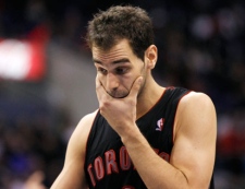 Toronto Raptors' Jose Calderon comes onto the court after a timeout against the Los Angeles Clippers during the second half of an NBA basketball game in Los Angeles on Saturday, March 26, 2011. The Clippers won 94-90. (AP Photo/Danny Moloshok)