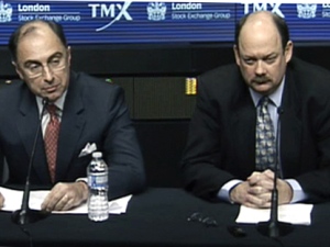 Xavier Rolet, the chief executive officer of the London Stock Exchange and Thomas Kloet, the chief executive of TMX Group announce details of the merger to the media in Toronto, Wednesday, Feb. 9, 2011.