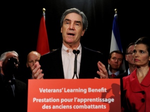 Liberal leader Michael Ignatieff speaks during a press conference in Halifax on Monday, April 4, 2011, after promising a new Veterans Learning Benefit that would pay the full cost of post-secondary education or technical training for Canadian Forces veterans. (THE CANADIAN PRESS/Nathan Denette)