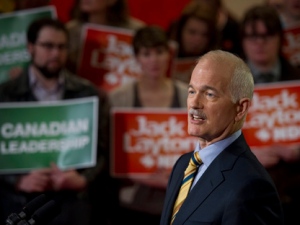 NDP Leader Jack Layton delivers a speech to supporters during a campaign stop in Toronto on Monday, April 4, 2011. (THE CANADIAN PRESS/Paul Chiasson)