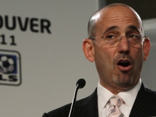 This file photo shows Major League Soccer commissioner Don Garber addressing a news conference. The media will be allowed into Toronto FC's locker-room for post-game interviews after all. An emphatic Major League Soccer commissioner Don Garber said Wednesday that TFC will follow league policy by opening its doors to the media beginning with its next game Saturday at San Jose. (THE CANADIAN PRESS/Darryl Dyck)