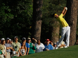 Y.E. Yang of Korea hits on the second fairway during the second round of the Masters golf tournament Friday, April 8, 2011, in Augusta, Ga. (AP Photo/Matt Slocum)