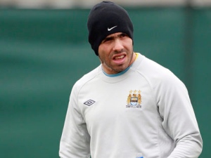 Manchester City's Carlos Tevez during a training session at Carrington training ground in Manchester, England on Wednesday March 16, 2011.(AP Photo/Jon Super)