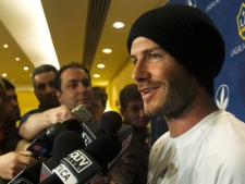 Los Angeles Galaxy star player David Beckham speaks to the media during a press conference in Toronto on Tuesday, April 12, 2011. (THE CANADIAN PRESS/Nathan Denette)