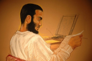 Omar Khadr is shown in a courtroom sketch in Guantanamo Bay, Cuba on Thursday, May 8, 2008. 