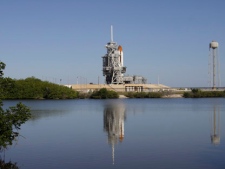 Space shuttle Endeavour is seen at Pad 39A at the Kennedy Space Center in Cape Canaveral, Fla., Saturday, April 30, 2011. Yesterdays' launch attempt was scrubbed due to technical problems.(AP Photo/Chris O'Meara)