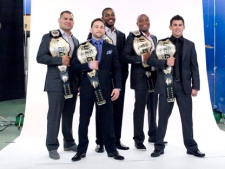 UFC Champions (left to right) Heayweight Cain Velasquez,Lightweight Frankie Edgar, Light-heavyweight Jon Jones, Middleweight Anderson Silva and Bantamweight Dominick Bowles pose for a photo in Toronto on Friday 29, 2011 ahead of UFC 129. (THE CANADIAN PRESS/Chris Young)