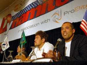 Royce Gracie, right, talks with reporters during a news conference Friday, June 1, 2007, in Los Angeles. (AP Photo)