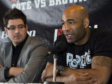 Former NHL enforcer Donald Brashear and Ringside MMA President Eric Champoux attend a news conference for Ringside MMA 11, in Quebec City, Thursday, May 5, 2011. Brashear will fight Martin Trempe on the June 4 card. (THE CANADIAN PRESS/Clement Allard)