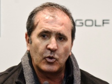 Golfer Seve Ballesteros of Spain, who is recovering from a brain tumour, is seen during the presentation of a new TV show, in Madrid, Wednesday, March 10, 2010. (AP Photo/Daniel Ochoa de Olza)