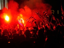 FC Barcelona's supporters celebrate their team's victory in winning the Spanish league soccer title, in Barcelona, Spain, Wednesday, May 11, 2011. (AP Photo/Manu Fernandez)