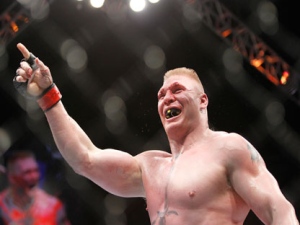 Brock Lesnar celebrates a victory during UFC heavyweight mixed martial arts title on July 3, 2010, in Las Vegas. Former UFC heavyweight champion Brock Lesnar has diverticulitis again. Lesnar has withdrawn from his UFC 131 fight in Vancouver set for June 11. (THE CANADIAN PRESS/AP, Eric Jamison)