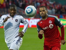 Toronto FC forward Maicon Santos, right, battles for the ball against Chicago Fire's Yamith Cuesta during first half MLS soccer action in Toronto on Saturday, May 14, 2011. (THE CANADIAN PRESS/Nathan Denette)