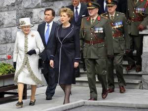 Britain's Queen Elizabeth II and Irish President Mary McAleese arrive for a wreath laying ceremony at the Garden of Remembrance in Dublin, Tuesday May 17, 2011. The Queen set foot on Irish soil at the start of a historic state visit which will herald a new era in relations between Britain and the Republic. (AP Photo/Peter Morrison)