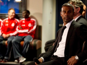 Toronto FC head coach Aron Winter (right) and some academy players (left) attend a press conference in Toronto on Monday April 18, 2011. (THE CANADIAN PRESS/Chris Young)