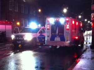 An ambulance sits idle after it collided with a van at Dundas Street East and Parliament Street early Thursday, June 23, 2011. A paramedic suffered minor injuries in the crash, police said. (CP24/Tom Stefanac)