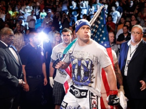 Tito Ortiz enters the arena just before his fight against UFC light-heavyweight mixed martial arts match against Ryan Bader, Saturday, July 2, 2011 at The MGM Grand Garden Arena in Las Vegas. Ortiz won in the first round by submission. (AP Photo/Eric Jamison)