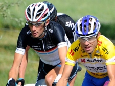 Italy's Damiano Cunego of team Lampre-ISD, right, and Luxembourg's Frank Schleck of Team Leopard-Trek, left, rides during the eighth stage, a 167,3 km race from Tuebach to Schaffhausen, at the 75th Tour de Suisse UCI ProTour cycling race, near Schaffhausen, Switzerland, Saturday, June 18, 2011. (AP Photo/Keystone, Jean-Christophe Bott)