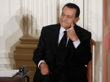 In this Wednesday, Sept. 1, 2010 file photo, Egypt's then President Hosni Mubarak listens as Israel's Prime Minister Benjamin Nethanyahu, unseen, speaks in the East Room of the White House in Washington. (AP Photo/Charles Dharapak, File)