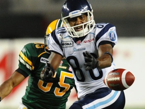 Toronto Argonauts' Jeremaine Copeland (80) misses the catch that would have put Toronto ahead during second half CFL football action against the Edmonton Eskimos in Edmonton, Alberta on Friday, July 29, 2011. THE CANADIAN PRESS/Ian Jackson