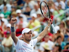 Mardy Fish, from the United States, celebrates his victory over Janko Tipsarevic, from Serbia, during semi-final play at the Rogers Cup tennis tournament Saturday, August 13, 2011, in Montreal. Fish won 6-3, 6-4 to move on to the final. (THE CANADIAN PRESS/Paul Chiasson)