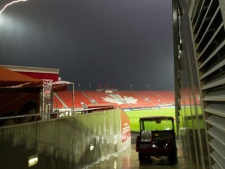 Lightning flashes over the field during a weather delay in CONCACAF soccer action between Toronto FC and FC Dallas in Toronto on Wednesday August 24, 2011. (THE CANADIAN PRESS/Frank Gunn)