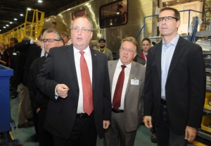 CAW National President Ken Lewenza (left to right) , Claude Gingras, Thunder Bay Bombardier plant general manager, Michael Gravelle, Liberal incumbent for Thunder Bay-Superior North, and Ontario Premier Dalton McGuinty, during a campaign visit to the facility that builds mass transit vehicles including the bi-level Go train and Toronto Rocket subway vehicles, in Thunder Bay, Ont., Thursday, Sept.15, 2011.THE CANADIAN PRESS/Brent Linton