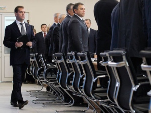 President Dmitry Medvedev, left, attends a meeting of the Commission for Modernization and Technological of Russia's Economy in Dimitrovgrad, Russia, Monday, Sept. 26, 2011.Cabinet Chief of Staff, Vyacheslav Volodin, is pin the center. The Kremlin says Russia's influential finance minister has resigned following a televised confrontation with President Dmitry Medvedev. Medvedev had angrily demanded that Alexei Kudrin immediately explain his criticism of Medvedev's policies or step down. (AP Photo/RIA-Novosti, Yekaterina Shtukina, Presidential Press Service)