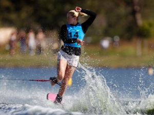 Whitney McClintock of Canada competes in the water skiing women's tricks final competition during the Pan American Games in Chapala, on the outskirts of Guadalajara, Mexico, Sunday, Oct. 23, 2011. (AP Photo/Dario Lopez-Mills)