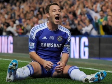 Chelsea's John Terry celebrates after scoring against Everton during their English Premier League soccer match at the Stamford Bridge Stadium, London, Saturday, Oct. 15, 2011. (AP Photo/Tom Hevezi)