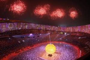 Fireworks explode over the National Stadium during the opening ceremony for the Beijing 2008 Olympics on Friday, Aug. 8, 2008. (AP / Julie Jacobson)