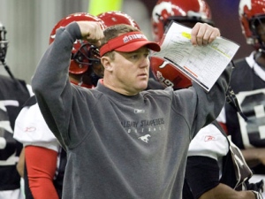 Calgary Stampeders defensive coordinater Chris Jones goes over a play during practice in Montreal Friday, Nov.21 2008.THE CANADIAN PRESS/Ryan Remiorz