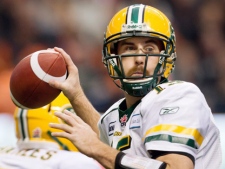 Edmonton Eskimos' quarterback Ricky Ray passes against the B.C. Lions during the first half of the CFL Western Final football game in Vancouver, B.C., on Sunday, Nov. 20, 2011. (THE CANADIAN PRESS/Darryl Dyck)