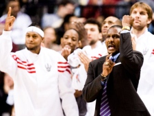 Toronto Raptors' new head coach (centre right) Dwane Casey calls for a foul against Boston Celtics during first half NBA basketball pre-season action in Toronto on Sunday December 18, 2011. THE CANADIAN PRESS/Chris Young