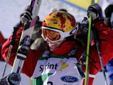 Jennifer Heil of Canada, celebrates after finishing at the women's moguls finals at the freestyle skiing world championships, Wednesday, Feb. 2, 2011, at Deer Valley near Park City, Utah. Heil won the event. (AP Photo/Mark J. Terrill)